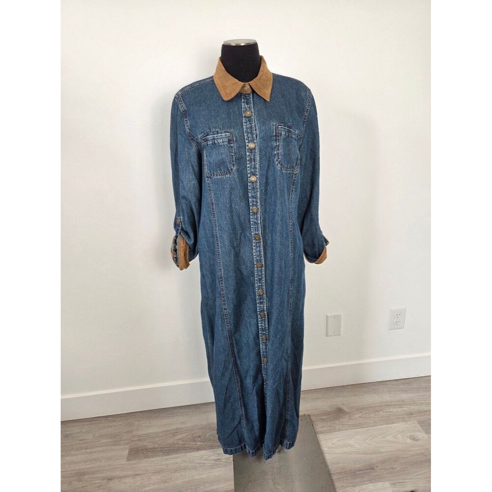 Vintage Charter Club Denim Maxi Dress Leather Collar Chore Western 90s Y2K Farm
